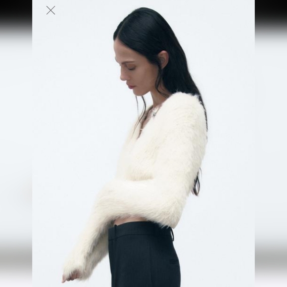 ZARA Faux fur cream cardigan. Size Medium NWT - Picture 3 of 16